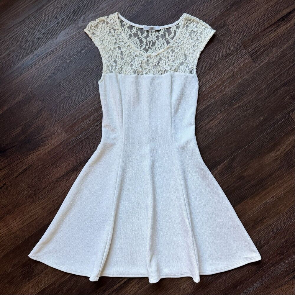 Acemi S Skater Dress Ivory Stretch Scoop Neck Sleeveless Lace Top White A-Line